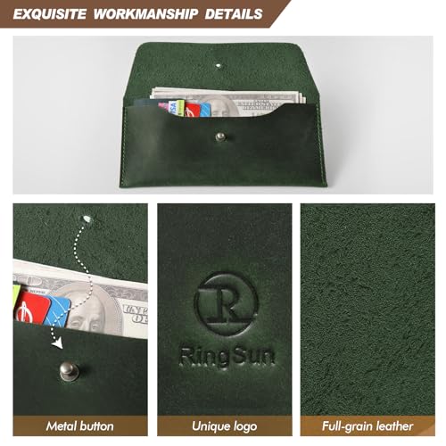 Ringsun Leather Money Cash Envelopes Wallet for Men, Money Bag Pouch Reusable Budget Envelope Wallet, Retro Clutch Wallet, Green - color: Green