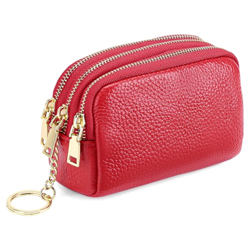 SENDEFN Small Coin Purse Leather 3 Zippered Change Pouch Wallet with Key Ring for Women - color: 1-Red