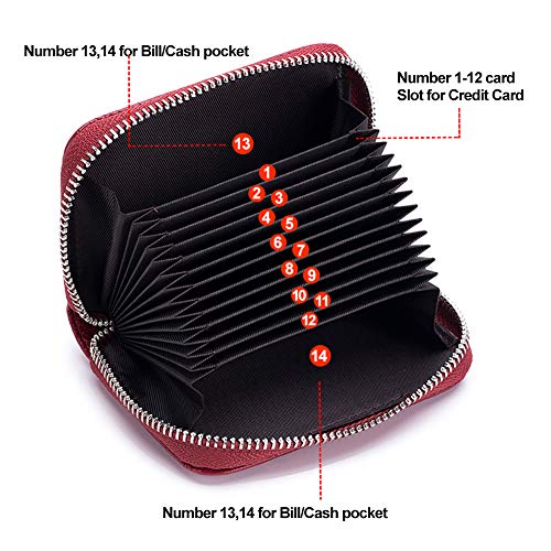 RFID Credit Card Holder Genuine Leather Credit Card Wallet with Zipper | RFID - color: wine red