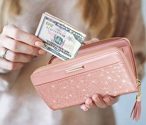 Coco Rossi Pink Glitter Wallet for Women RFID Blocking Credit Card Holder | PU Leather, Zipper Around, Multi Card Case, Clutch with Tassel Wristlet Wrist Strap, Gifts for Girls Ladies - color: A Pink Glitter