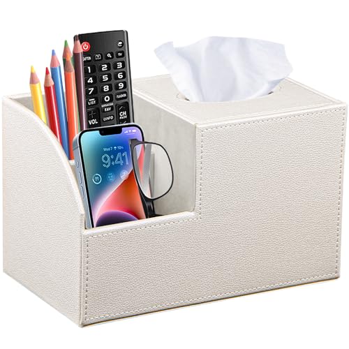 PU Leather Square Tissue Box Cover - Multi-Functional Tissue Box Holder | Tissue Box Cover with Storage,Tissue and Remote Control Holder,Cube Tissue Box Organizer Bedroom Nightstand End Table - color: Beige White