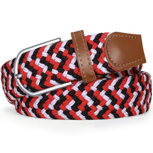 Braided Stretch Belt for Men Elastic Woven Golf Belt for Casual Pants Jeans Shorts - color: Black White Red, size: Fit Waist 30"-33"