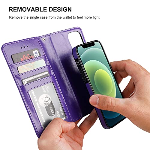 Bocasal Detachable Wallet Case Card Holder for iPhone 12/12 Pro, Purple | Kickstand Card Slots Holder PU Leather Magnetic Shockproof Wrist Strap Removable Flip Protective Cover 6.1 inch - color: Purple