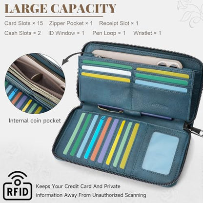 MEITRUE Womens Wallet Large Capacity Phone Clutch Purse RFID Floral Embossed Vegan Leather Travel Wallet with Wristlet Peacock Blue - color: 03-peacock Blue