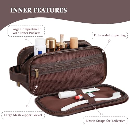 Travel Toiletry Bag For Mens PU Leather Engraved Initials (Dark Brown G) | Personalized Gifts For Father Husband Groomsmen Birthday Waterproof Dopp Kit Bag Beach Travel Essentials Bathroom Organizer - color: Dark Brown, style: G