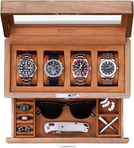 ROTHWELL 4-Slot Solid Walnut Watch Box with Valet Drawer - Premium Jewelry Display Case Organizer with Locking Glass Top and Microsuede Liner for Men & Women (Tan Interior) - color: Walnut / Tan