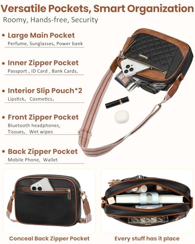 Tenot Hands-free Crossbody Bags for Women Stylish Quilted Design | Premium Vegan Leather, Excellent Daily Use, Comfortable, Weather-ready Crossbody Purses for Women - color: Black- Brown
