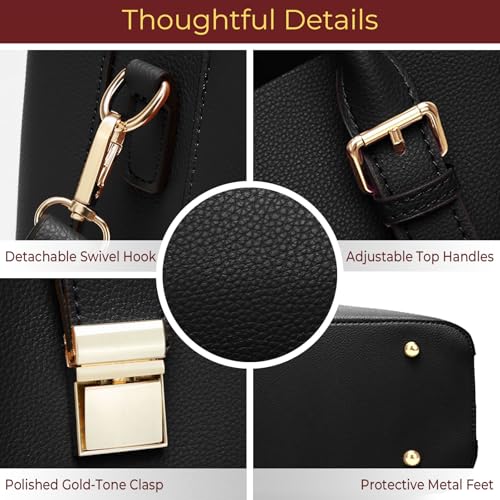 Vegan Leather Tote Handbag for Women, Medium Bag Top Handle Purse | Classic Top Handle Structured Handbag, Detachable Crossbody Strap, Fits Most 13" Laptops, Ladies Shoulder Bag for Work Travel - color: Black