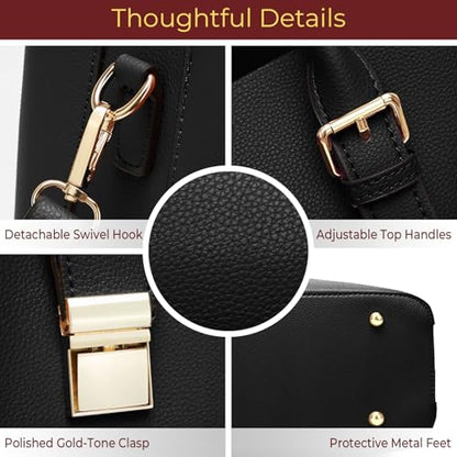 Vegan Leather Tote Handbag for Women, Medium Bag Top Handle Purse | Classic Top Handle Structured Handbag, Detachable Crossbody Strap, Fits Most 13" Laptops, Ladies Shoulder Bag for Work Travel - color: Black