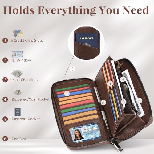 Wristlet Wallet for Women - Large Capacity RFID Leather Clutch | Premium vegan leather, rose embossed with a pen slot. Fits phones up to 6.9". 15 card slots & RFID. Ideal for travel & daily. - color: Coffee