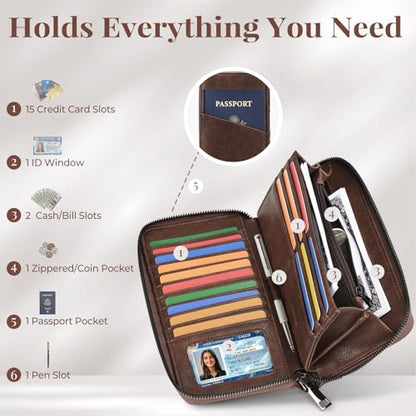 Wristlet Wallet for Women - Large Capacity RFID Leather Clutch | Premium vegan leather, rose embossed with a pen slot. Fits phones up to 6.9". 15 card slots & RFID. Ideal for travel & daily. - color: Coffee