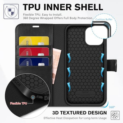 TUCCH Wallet Case for iPhone 13 Mini (5.4") 2021, 3 Card Holders, Black | RFID Blocking, Viewing Stand, Shockproof TPU Shell, PU Leather, Magnetic Closure, Protective Folio Flip Cover - color: Black