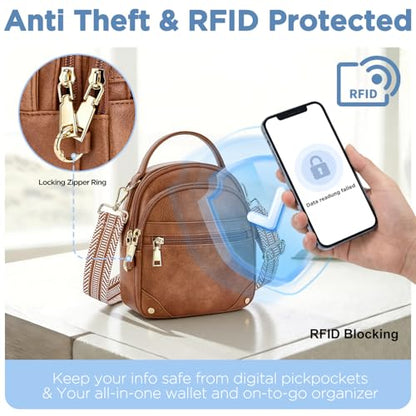 Anti Theft Crossbody Bag for Women RFID Small Purse Travel | Secure Crossbody Phone Purse with Handle, 5 RFID Slots, 7-Pocket Fits 7.9" Tablet, Adjustable Strap, Hands-Free Everyday - color: Brown
