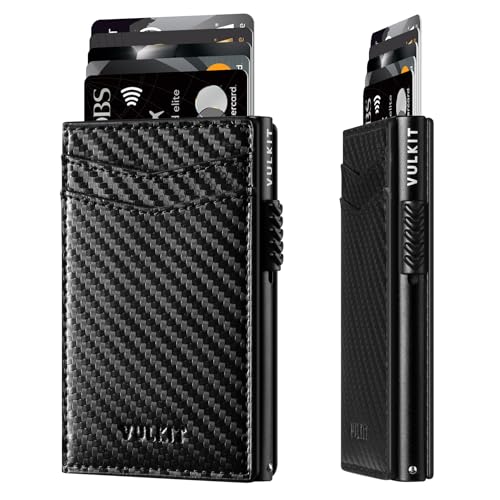 VULKIT Men's Wallet RFID Blocking Slim Minimalist Wallet Holds 9-11 Cards | Pop-Up Mechanism Card Holder, Minimalist Gift for Men, Gift Box Packaged - color: Carbon Fiber Black