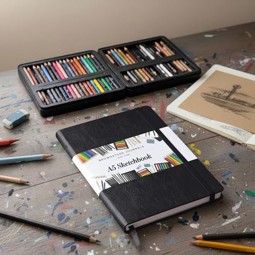 BROWNSTONE JOURNALS A5 Sketch Book Hardcover - 80 Sheets 100 GSM Paper | 5" x 8", Lay Flat, Vegan Leather Cover, Elastic Band, Back Pocket, Compact Art Drawing Book for Adults & Students - color: Charcoal Black, size: A5 (5" x 8")