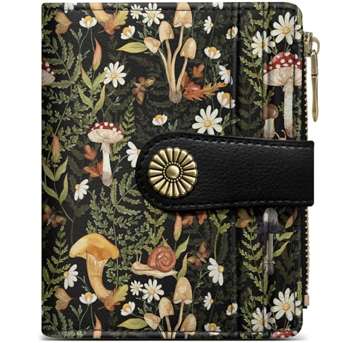 Small Wallet for Women, RFID Blocking Bifold Card Holder Wallet with 10 Card Slots, Cash Compartment, Zipper Coin Pocket & ID Window, Cute Soft Vegan Leather Compact Wallet, Mushroom - color: R.Mushroom