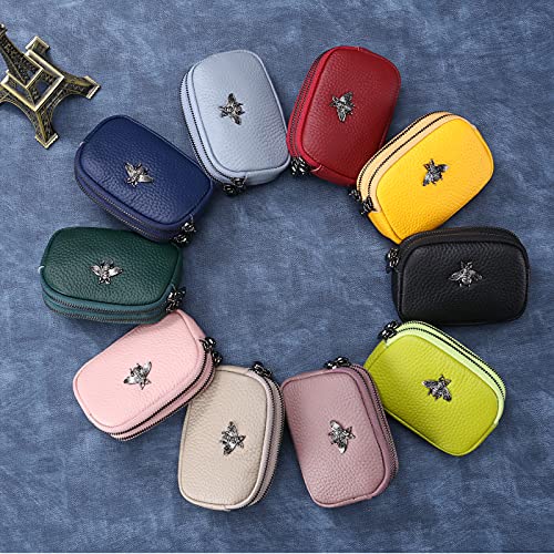 Genuine Leather Coin Purse for Women Small Double Zipper Wallet Mini Change Pouch with Bee Charm for Cash Cards Keys Cute Compact Organizer (Pink) - color: Pink