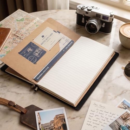 Leather Journal Travelers Notebook - 8.6 x 4.7 Inches Standard TN, Refillable Travel Journal with 3 Inserts, Zipper Pocket, Pen Holder, Binder Clip, Leather Notebook for Travel, Students, Office, Black - color: TNS-Black
