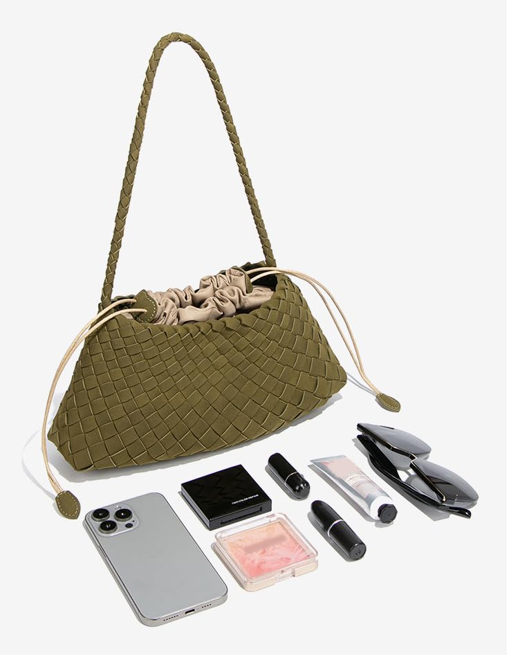 Woven Hobo Bags Women Trendy Suede Bucket Purse Shoulder Bag Tote Handbag - color: Suede-olive