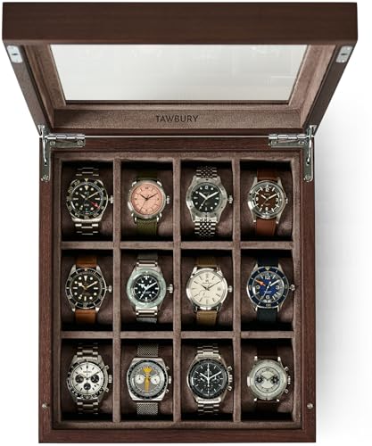 TAWBURY Wooden Watch Case - 12 Slot Wood Watch Box for Men & Women with Glass Display, Protective Fully Lined Interior and 2-inch Wide Pillows for Small & Large Watches (Dark Walnut) - size: 12 Slot with Window - Dark Walnut