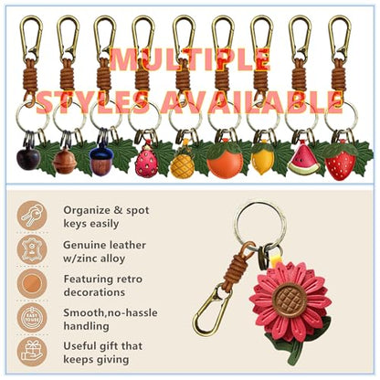 Retro Leather Fruit Leaf Keychain,Bag Charm,Key Organizer for Women - color: Red Daisy