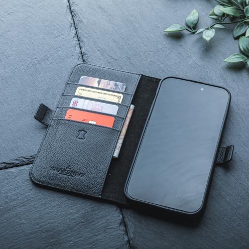 Snakehive Genuine Leather Wallet Case for iPhone 16 Plus – Flip Cover with Card Slots & Stand (Dappled Black) - color: Metro Black, size: iPhone 16 Plus