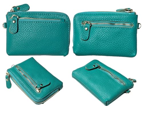 Women Genuine Real Leather Coin Purse with Hand Strap. 3 Zipper Small Wallet Wristlet with 3 credit cards slots Holder - Aquamarine - color: #17 Aquamarine