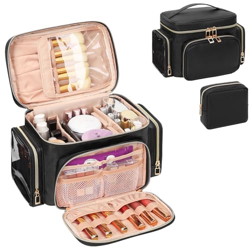 Bagmoly Makeup Bag Travel 2 Pcs Set Cosmetic Toiletry Bag, Black | Cosmetic Pouch Large Capacity with Makeup Brush Compartment, Cosmetic Travel Bag with Divider and Handle Toiletry Bag - color: 04-Leather Black, size: Large