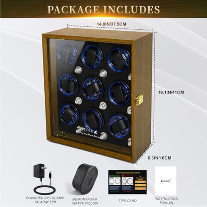 Watch Winder for Automatic Watches, Walnut 9 Slots Winding Watch Box with Japanese Quiet Motor & Blue LED for Rolex and Auto Watches, Wooden Rotating Watch Case Used for Display, Storage & Gift - size: 9 slots