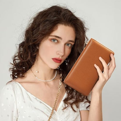 Chelmon Women's Vegan Leather Clutch Wallet with Zip, Hand Strap, Large Capacity - color: Genuine Leather Brown