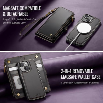 Defencase for iPhone 14 Plus Case Wallet Compatible with Magsafe, Black | Drop-Proof Magnetic Detachable Phone Cases Cover, with RFID Bolcking Card Holder, Zipper Strap, PU Leather, Removable Wallet - color: (Detachable with Magsafe)-Black