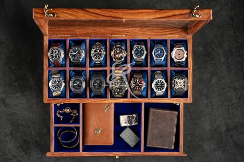 Premium Watch Box Organizer for Men and Women - Wooden Mens Watch Display Case, Luxury Rosewood Organiser, Velvet Lining, Glass Top, Best gift for him, Vintage home for watches (14 SLOTS TRAY) - size: 14 SLOTS TRAY
