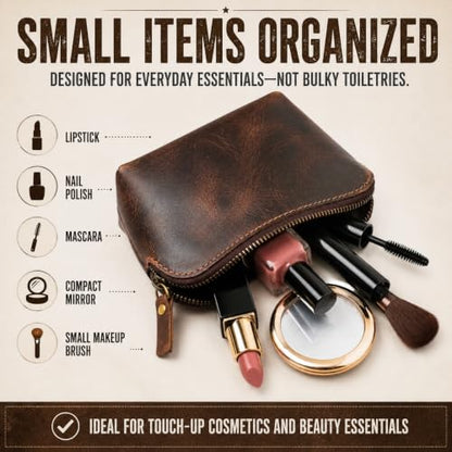 Full Grain Leather Cosmetic Bag – Zippered Makeup Pouch for Women, Small Travel Toiletry & Organizer Pouch for Purse, Premium Handmade Leather (5 × 4 × 2.5 in) - color: Brown