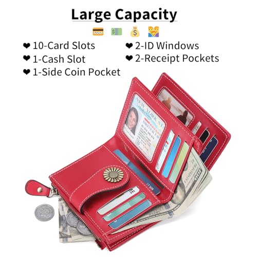 SENDEFN Small Womens Wallet Leather Bifold Card Holder RFID Blocking with Zipper Coin Pocket - color: 3-Red