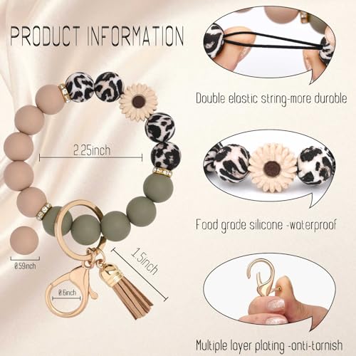 BAOSIWA Silicone Beaded Keychain Wristlet Key Ring Bracelet Cute Car Key Chain Holder for Women Girls - color: Daisy Leopard