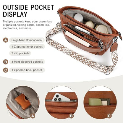 TANTOMI Crossbody Bag for Women PU Leather Travel Purse | Trendy Women's Shoulder Handbags, Comfort Adjustable Wide Strap, Water-Resistant, Multi Pockets for Daily Use & Travel - color: Brown
