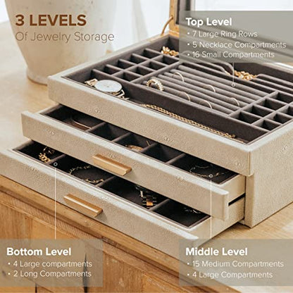 CASE ELEGANCE Large 3-Tier Jewelry Box with Glass Lid | Shagreen vegan leather, velvet lined, brass hardware - size: Large - Non-Monogrammed