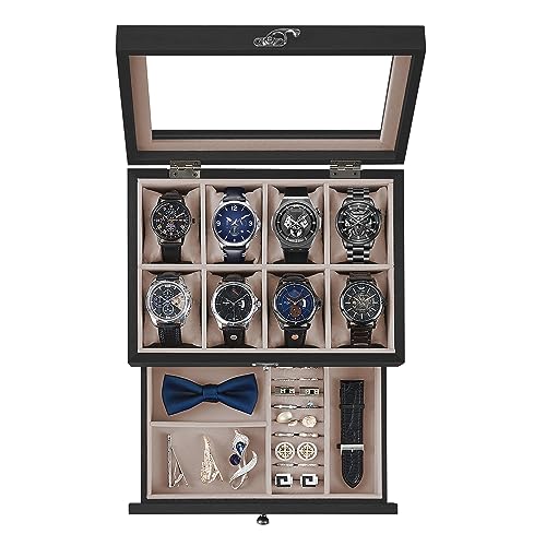 SONGMICS 8-Slot Watch Box, 2-Tier Watch Display Case with Large Glass Lid, Removable Pillows, Velvet Lining, Jewelry Box, Gift Idea, Ebony Black UJOW008B01 - color: Ebony Black, size: 2 Layer 8 Slot