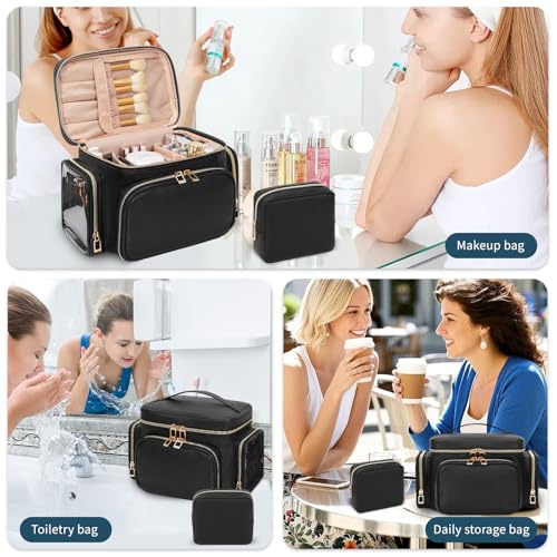 Bagmoly Makeup Bag Travel 2 Pcs Set Cosmetic Toiletry Bag, Black | Cosmetic Pouch Large Capacity with Makeup Brush Compartment, Cosmetic Travel Bag with Divider and Handle Toiletry Bag - color: 04-Leather Black, size: Large