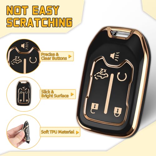 FT FUNTOR for GMC Key Fob Cover with Keychain | Compatible with 2017-2024 Chevy Silverado GMC Sierra Terrain Acadia 1500 2500HD 3500HD, 5-Button, Soft TPU Material - color: Gold/Black