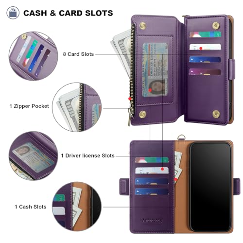 Antsturdy for iPhone 17 Pro Max Phone Wallet Case Women,Purple | RFID Blocking,with Credit Card Holder Slots,PU Leather Purse,Zipper Pocket,Wrist Strap Kickstand,Flip Folio Cover for Men - color: Purple