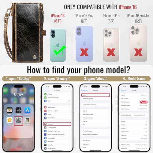 Defencase for iPhone 16 Wallet Case with RFID Blocking Card Holder, Coffee | Durable Soft PU Leather, with Zipper Pocket, Wrist Strap, Fashion Snap Flip Phone Cases Cover with Stand for Women and Men - color: Coffee