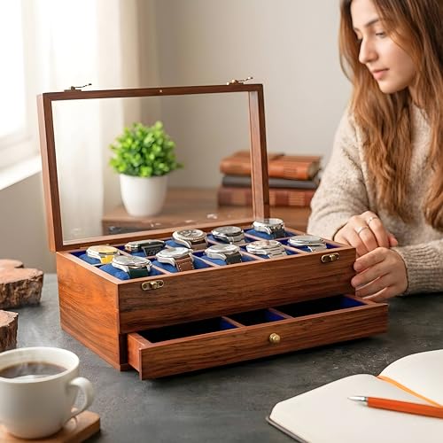 Premium Watch Box Organizer for Men and Women - Wooden Mens Watch Display Case, Luxury Rosewood Organiser, Velvet Lining, Glass Top, Best gift for him, Vintage home for watches (10 SLOTS TRAY) - size: 10 SLOTS TRAY