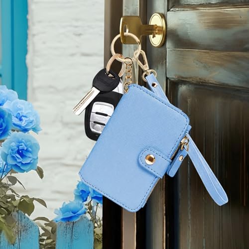M-Plateau RFID Blocking Keychain Wallet With Leather Wrist Strap | Keychain Wristlet, Womens Card Holder with Zipper Coin Pocket and ID Window - color: Sky Blue