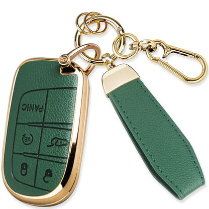 Key Fob Cover for Jeep, Leather & Soft TPU Key Case Compatible with Jeep Grand Cherokee Cherokee Compass Renegade, Dodge Charger Challenger Durango 5-Button Smart Key Case (Gold Green) - color: Gold Green