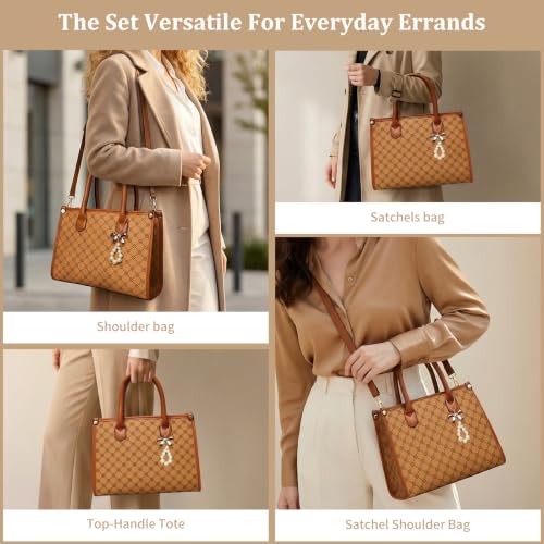 Women Handbag Fashion Satchel Shoulder Tote Top Handle Bag | Sturdy Structured, Spacious, PU Leather, Plaid, Bow, 3pcs, Coin Purse and Small Card Holder, Versatile for Daily Work - color: Yellow