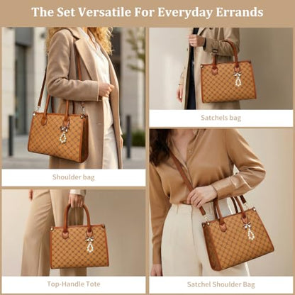 Women Handbag Fashion Satchel Shoulder Tote Top Handle Bag | Sturdy Structured, Spacious, PU Leather, Plaid, Bow, 3pcs, Coin Purse and Small Card Holder, Versatile for Daily Work - color: Yellow
