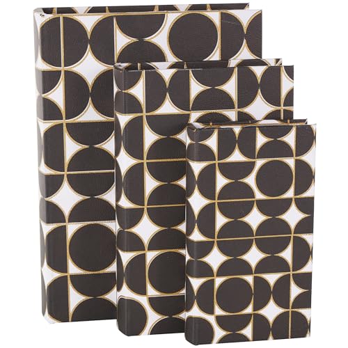 Deco 79 Faux Leather Decorative Box Faux Book Storage Book Shaped Boxes with White and Gold Geometric Patterns, Set of 3 Decorative Keepsake Boxes 13", 11", 9"H, Black - color: Black, size: 12.8", 11", 9"H