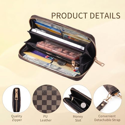 Checkered Highland Cow Print Book Wallet For Women Skull Goth Frog Butterfly Ladies Cluth Wristlet Wrist Strap Long Purse Zip Around Card Holder - color: Checkered Brown