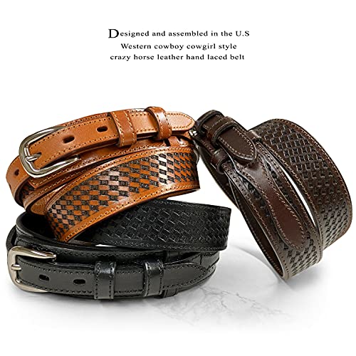 Western Pattern. Basketweave. Floral Tooled Engraved Genuine Full Grain Leather Ranger Belt, Assembled in the U.S - color: 71 72 73-tan, size: 36